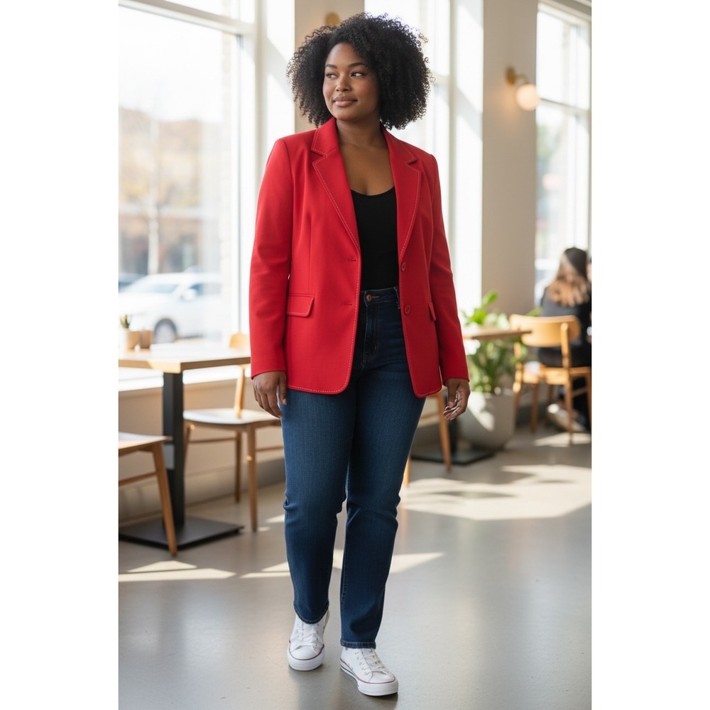 Sag Harbor Women's Red with White Stitch 3-Button Blazer Jacket Size 16